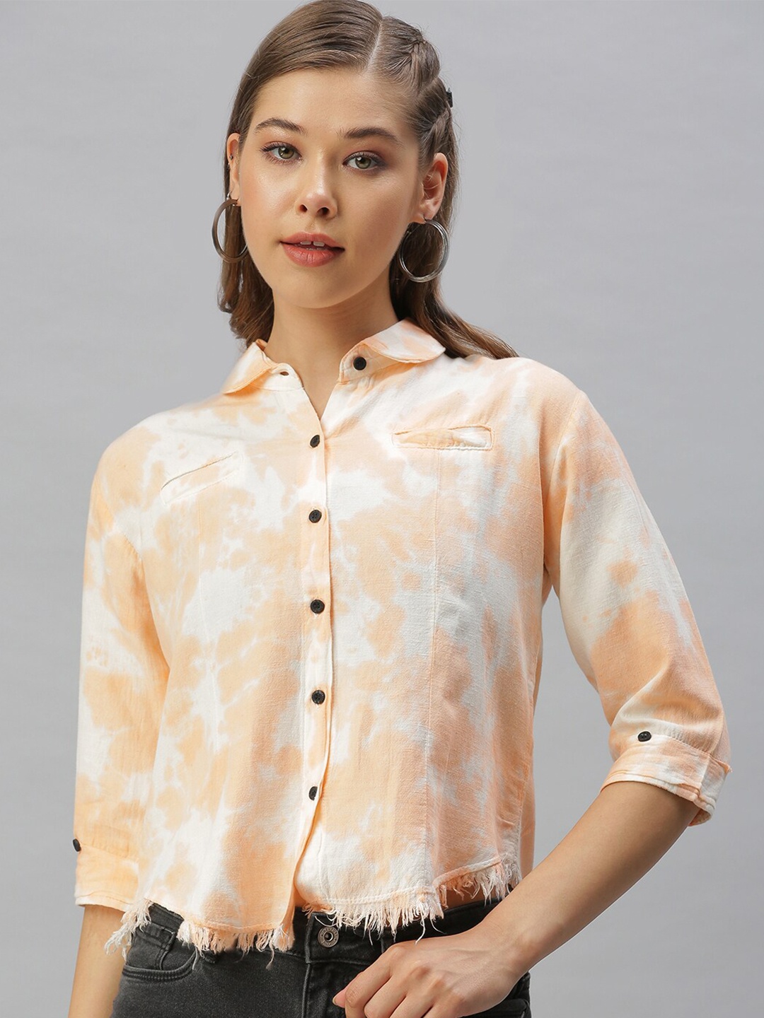 

SHOWOFF Tie and Die Club Collar Cotton Comfort Boxy Casual Shirt, Peach