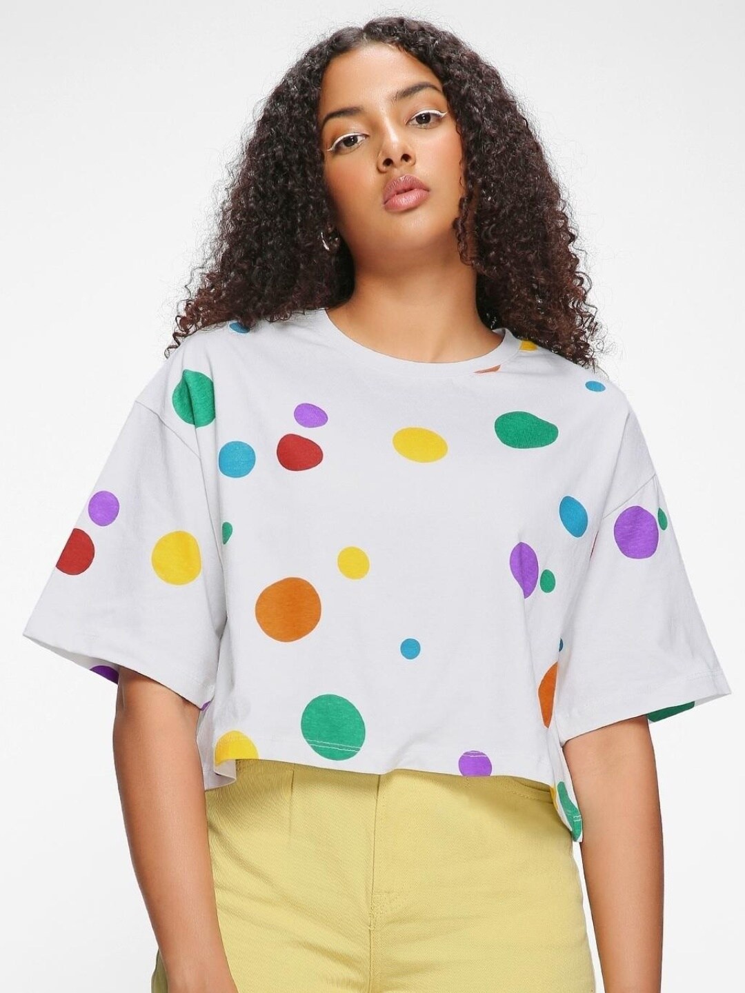 

Bewakoof Women Polka Dot Printed Cotton Oversized T-shirt, White