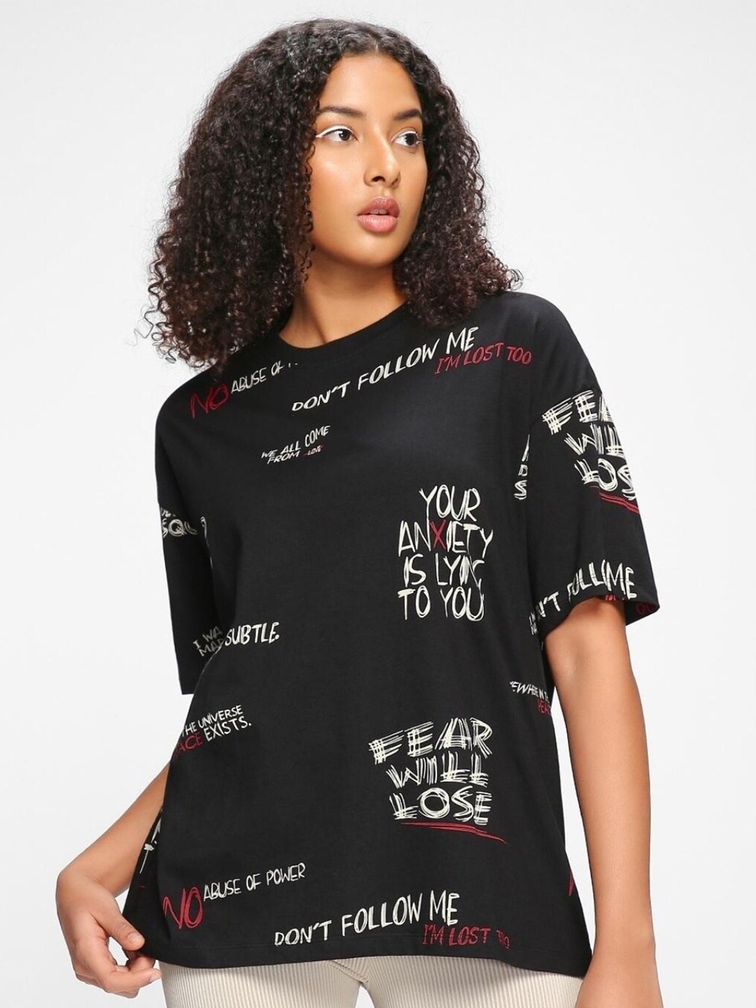 

Bewakoof Typography Printed Drop Shoulder Cotton Relaxed Fit T-shirt, Black