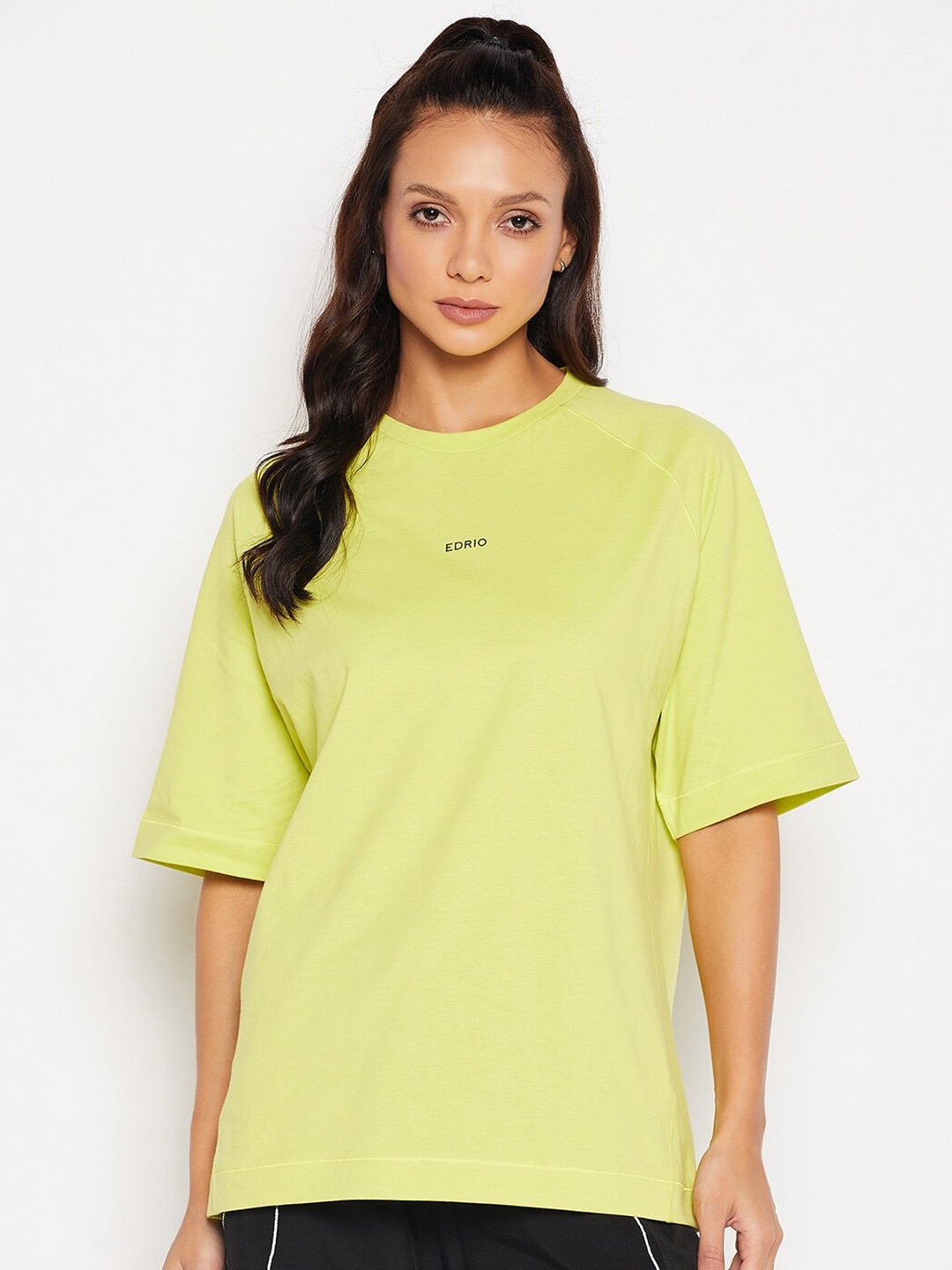 

EDRIO Drop-Shoulder Sleeves Pure Cotton Loose Fit T-shirt, Green