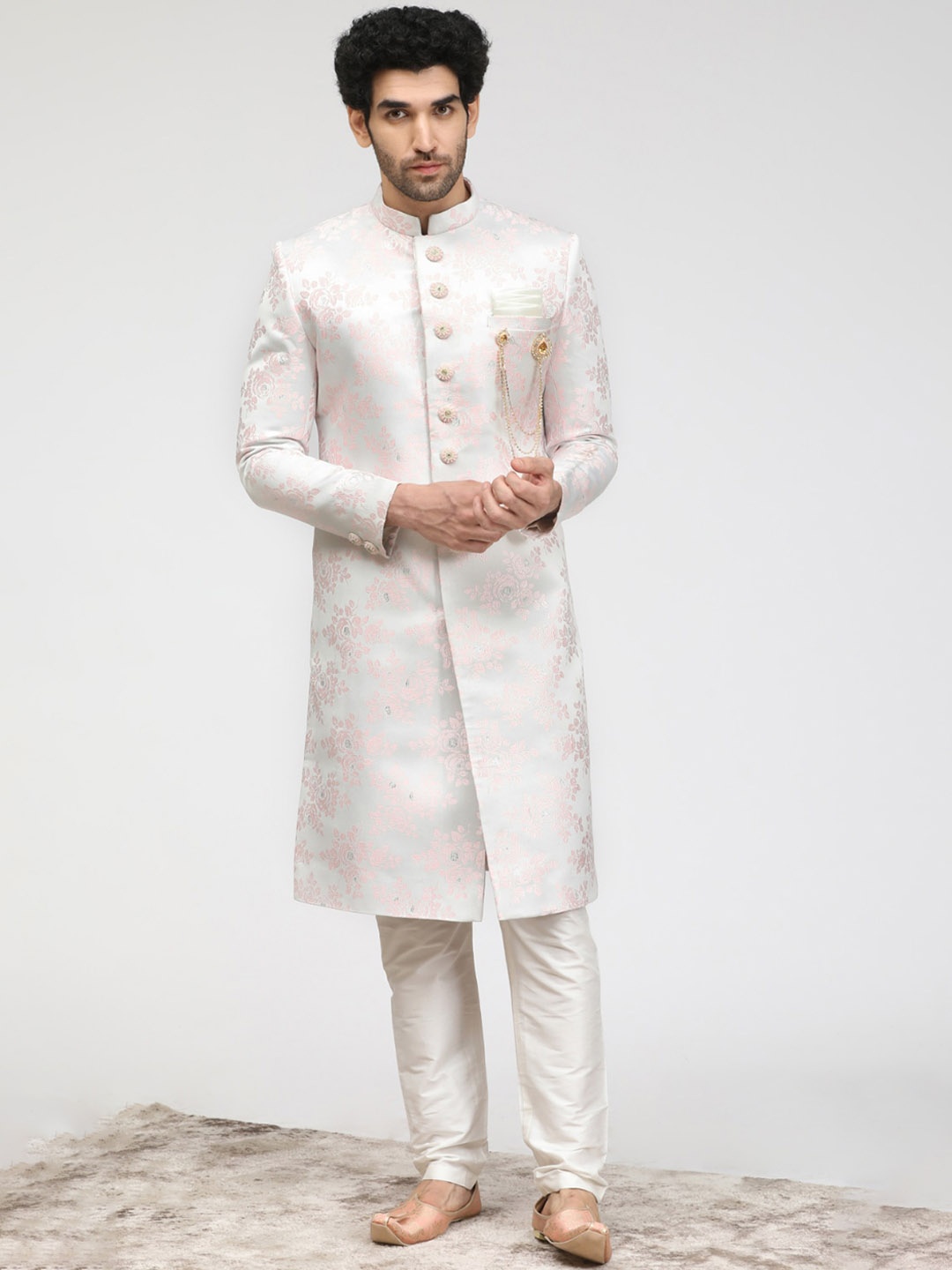 

Manyavar Woven Design Traditional Sherwani Set, Pink