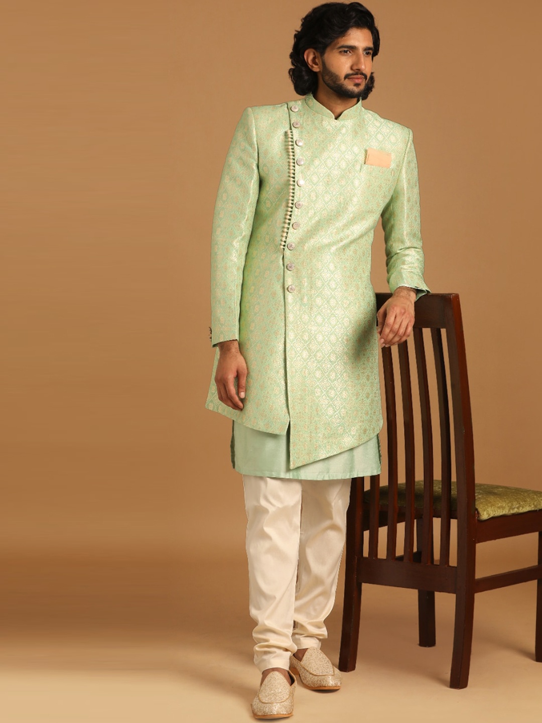 

Manyavar Woven Design Art Silk Indo Western Sherwani Set, Green