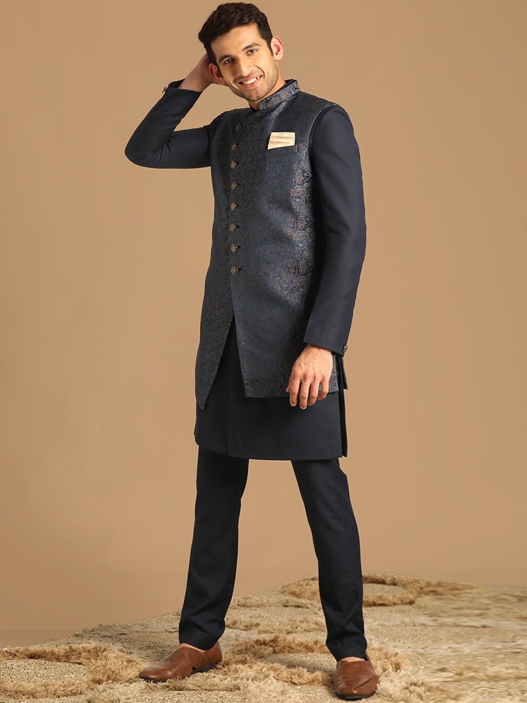 

Manyavar Self-Design Brocade Traditional Indo Western Sherwani Set, Blue