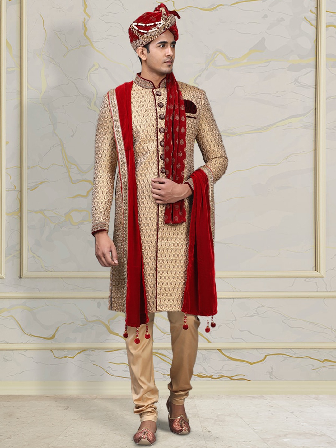 

Manyavar Woven Design Art Silk Sherwani Set With Dupatta, Beige