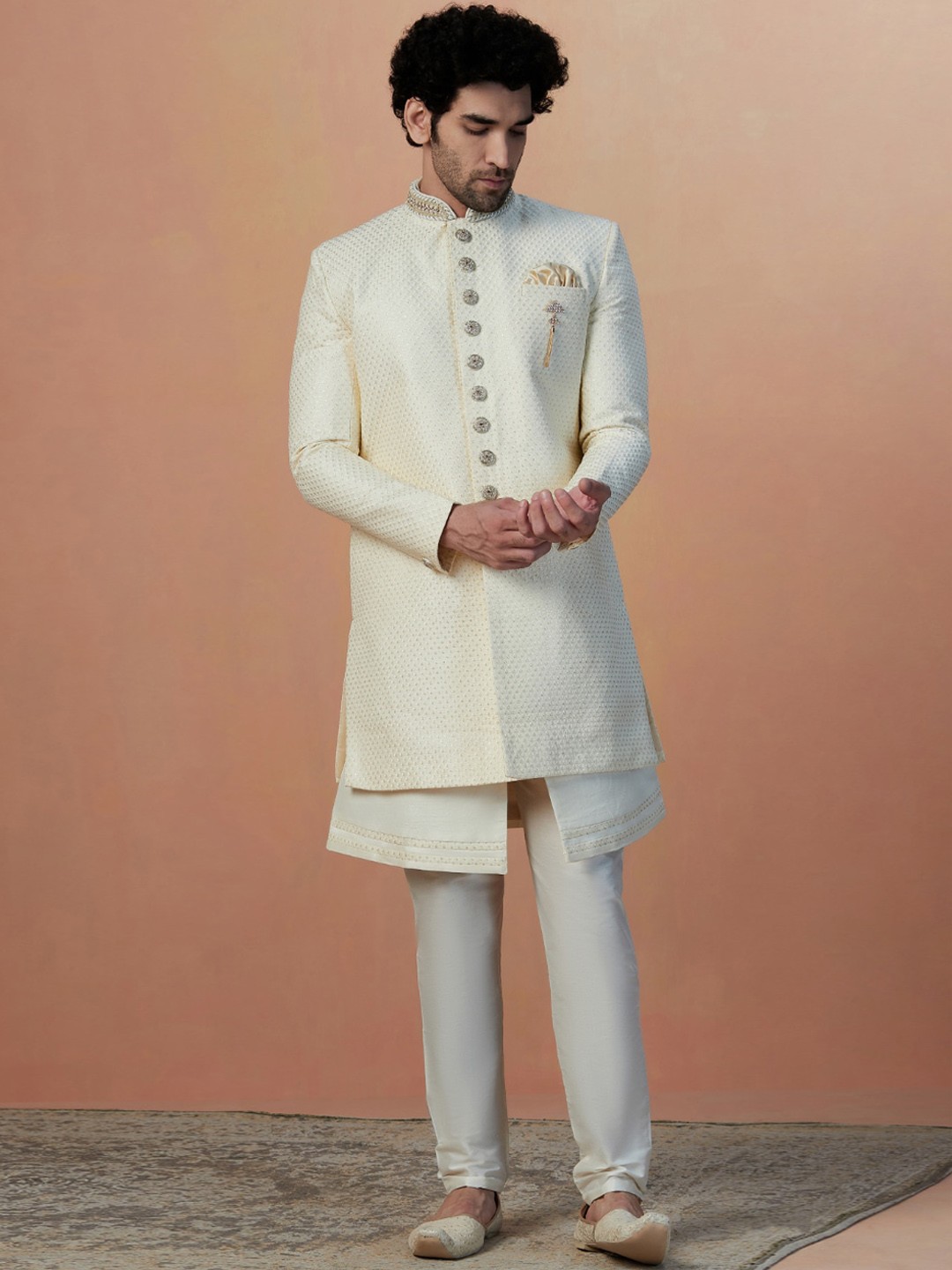 

Manyavar Self-Design Traditional Indo Western Sherwani Set, Cream