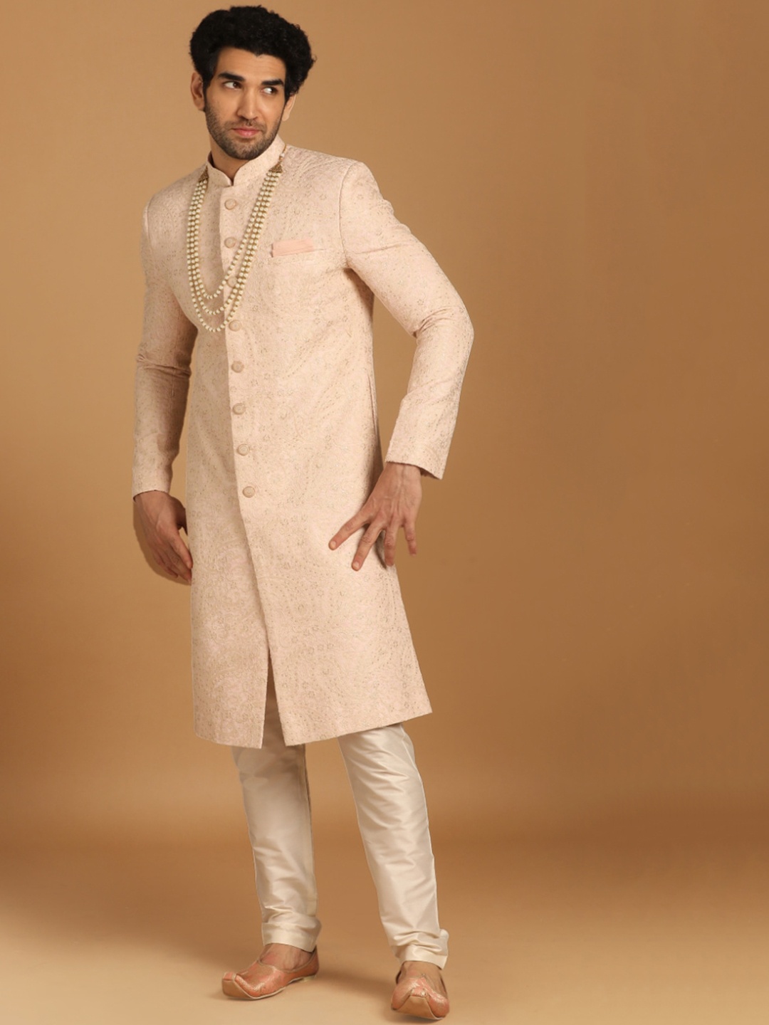 

Manyavar Woven Design Art Silk Traditional Sherwani Set, Pink