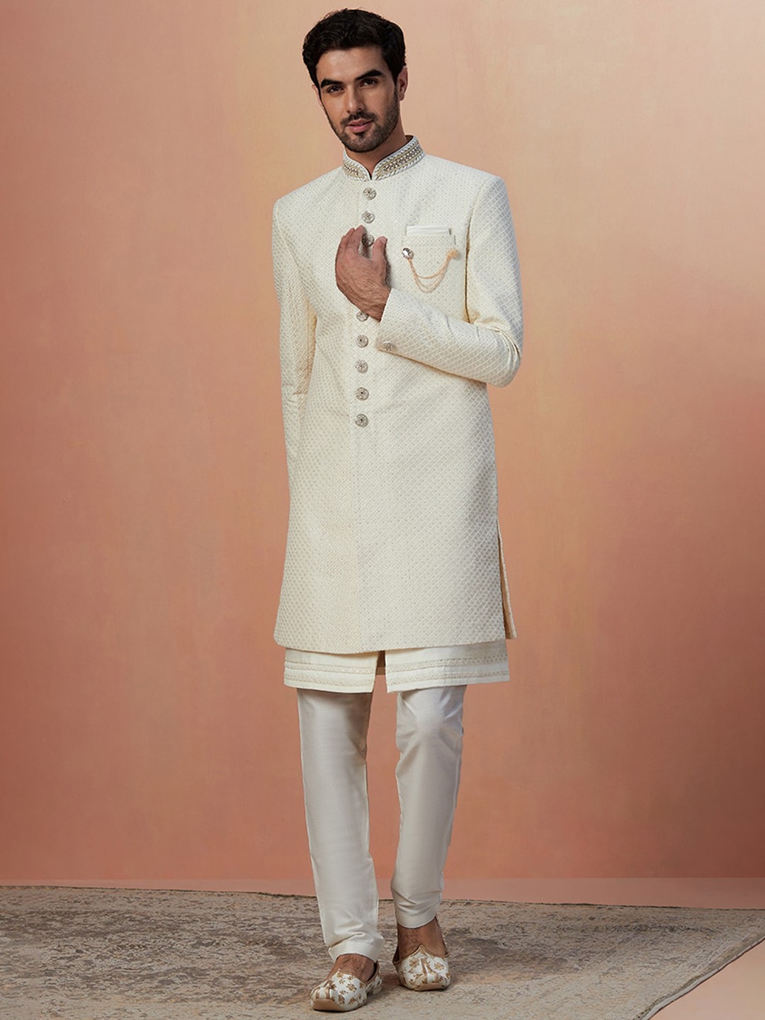

Manyavar Men Cream Self Design Art Silk Traditional Indo Western Sherwani Set, Beige