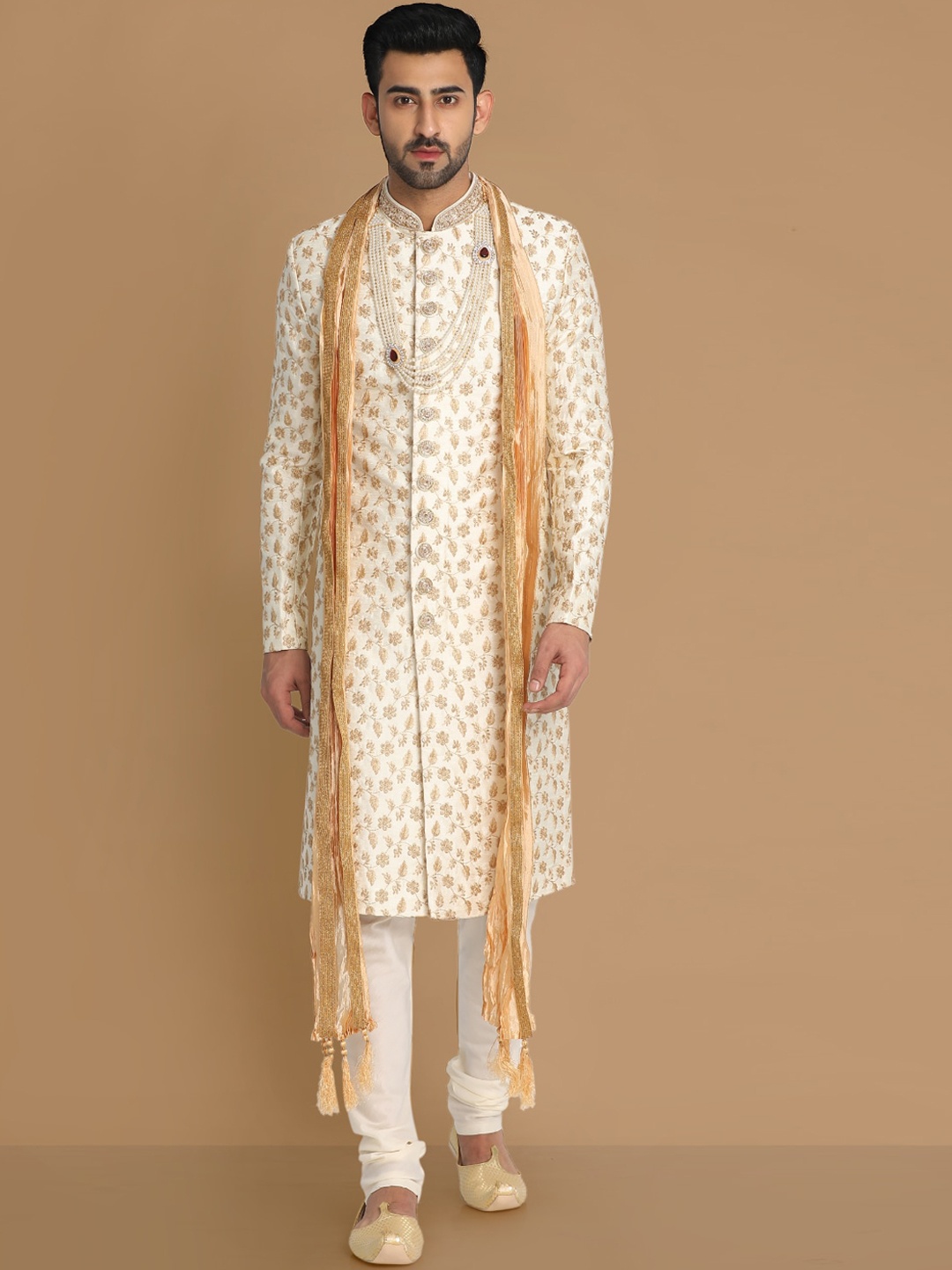 

Manyavar Embroidered Art Silk Sherwani With Pyjama & Dupatta, Cream