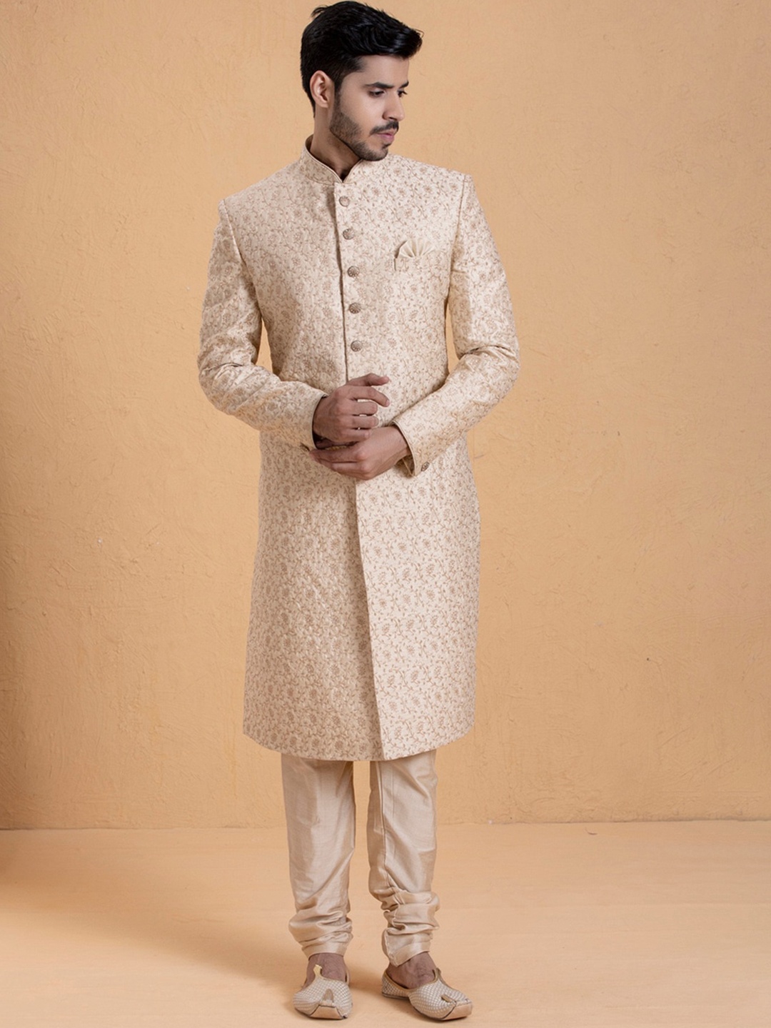 

Manyavar Men Embroidered Art Silk Traditional Sherwani Set, Cream