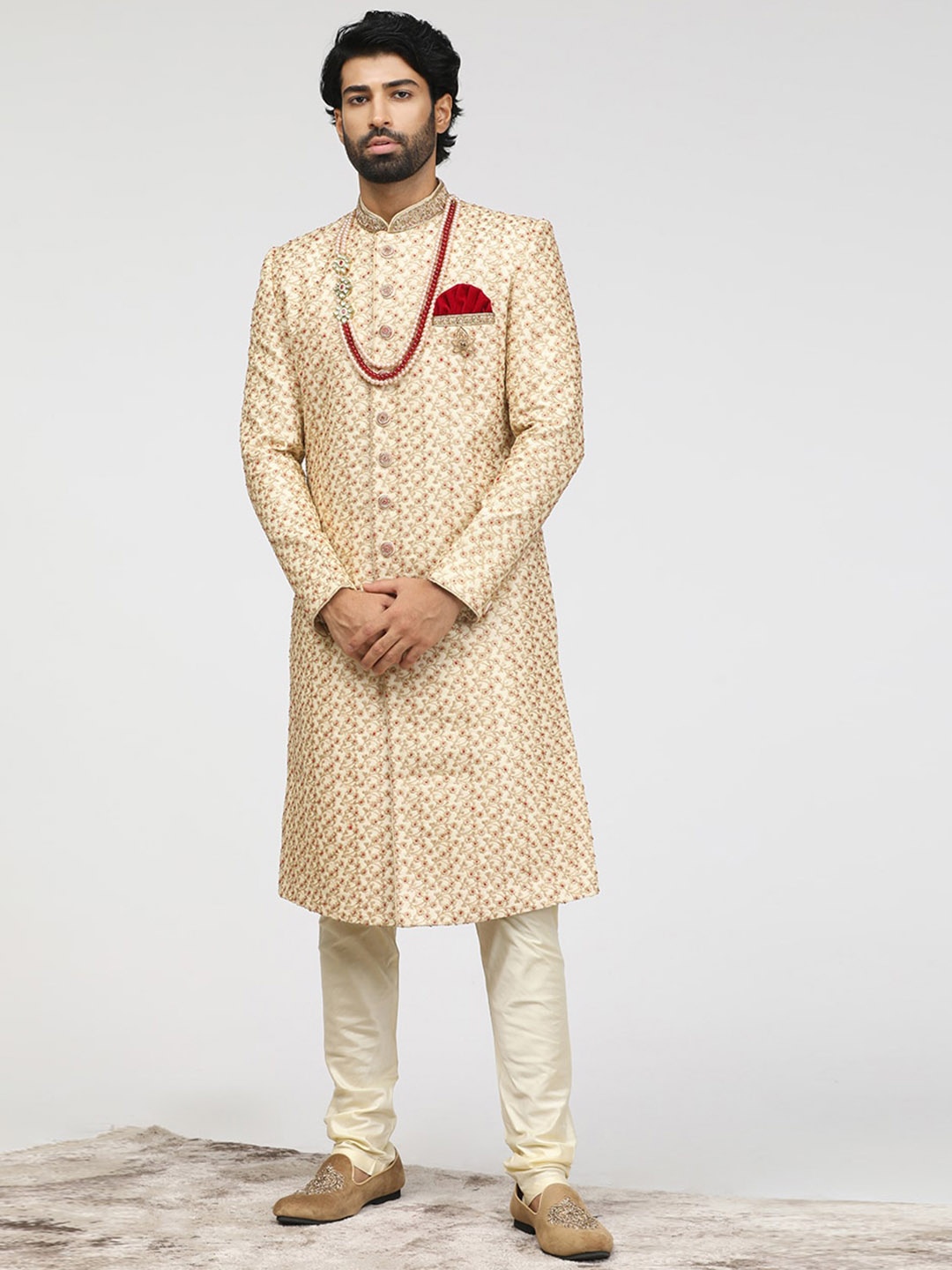 

Manyavar Self-Design Art Silk Traditional Sherwani Set, Beige