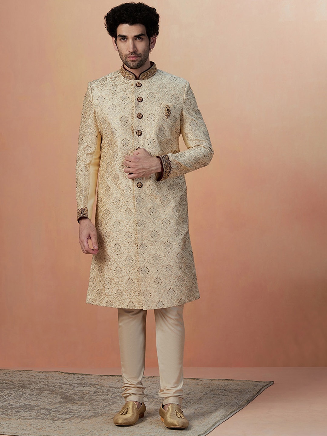 

Manyavar Embroidered Art Silk Traditional Sherwani Set, Beige