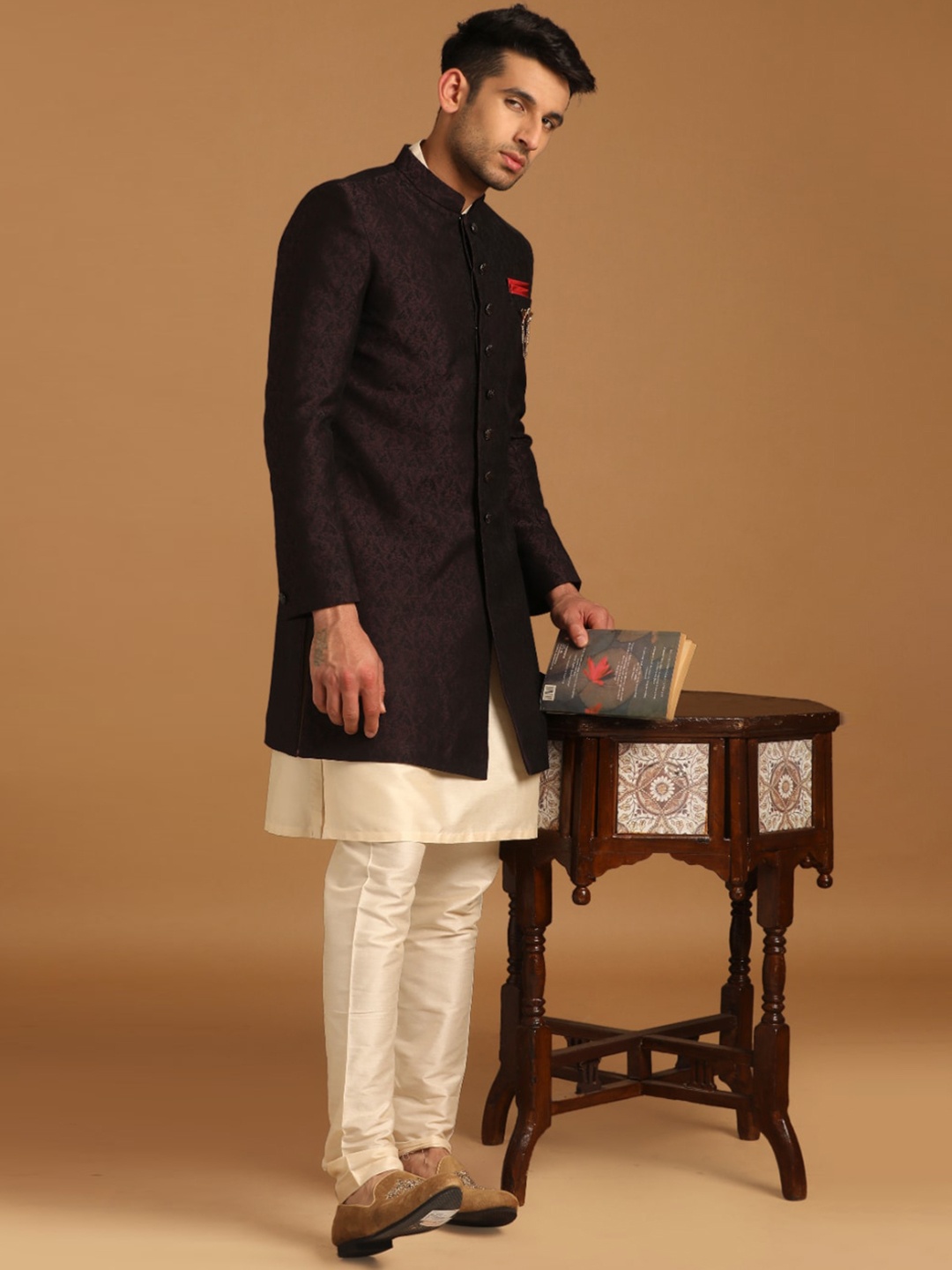 

Manyavar Woven Design Straight Traditional Indo Western Sherwani Set, Purple