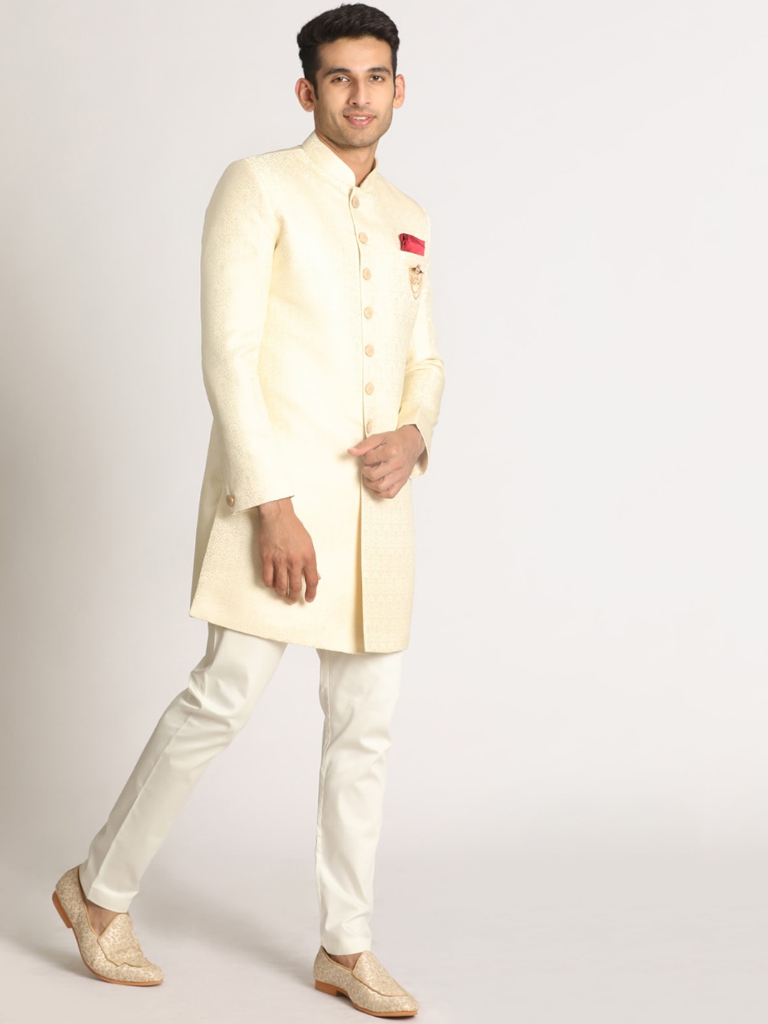 

Manyavar Men Self-Design Traditional Indo Western Sherwani Set, Cream