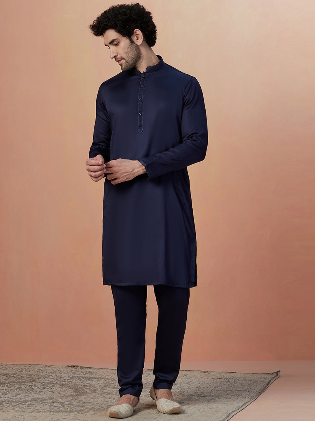 

Manyavar Woven Design Brocade Traditional Indo Western Sherwani Set, Navy blue