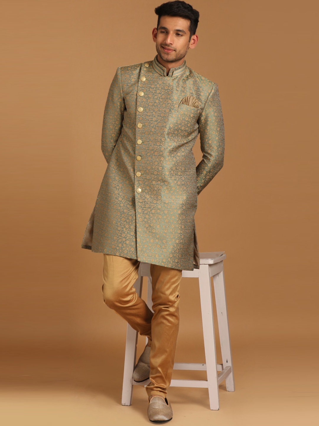 

Manyavar Woven Design Straight Sherwani Set, Green