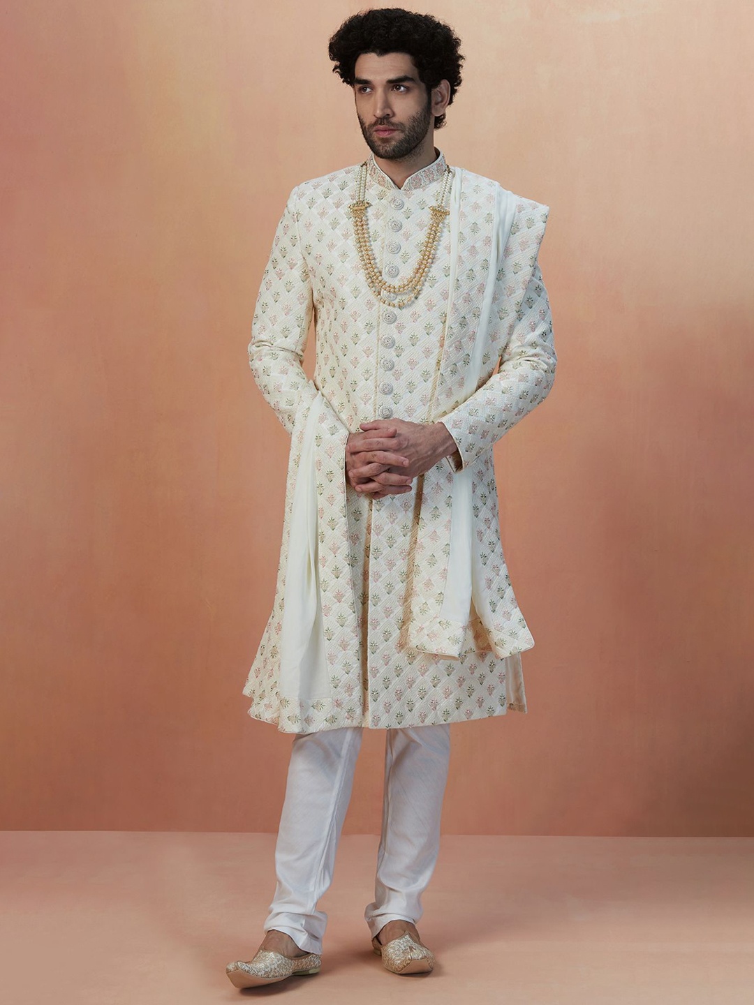 

Manyavar Self-Design Art Silk Traditional Sherwani Set, Cream