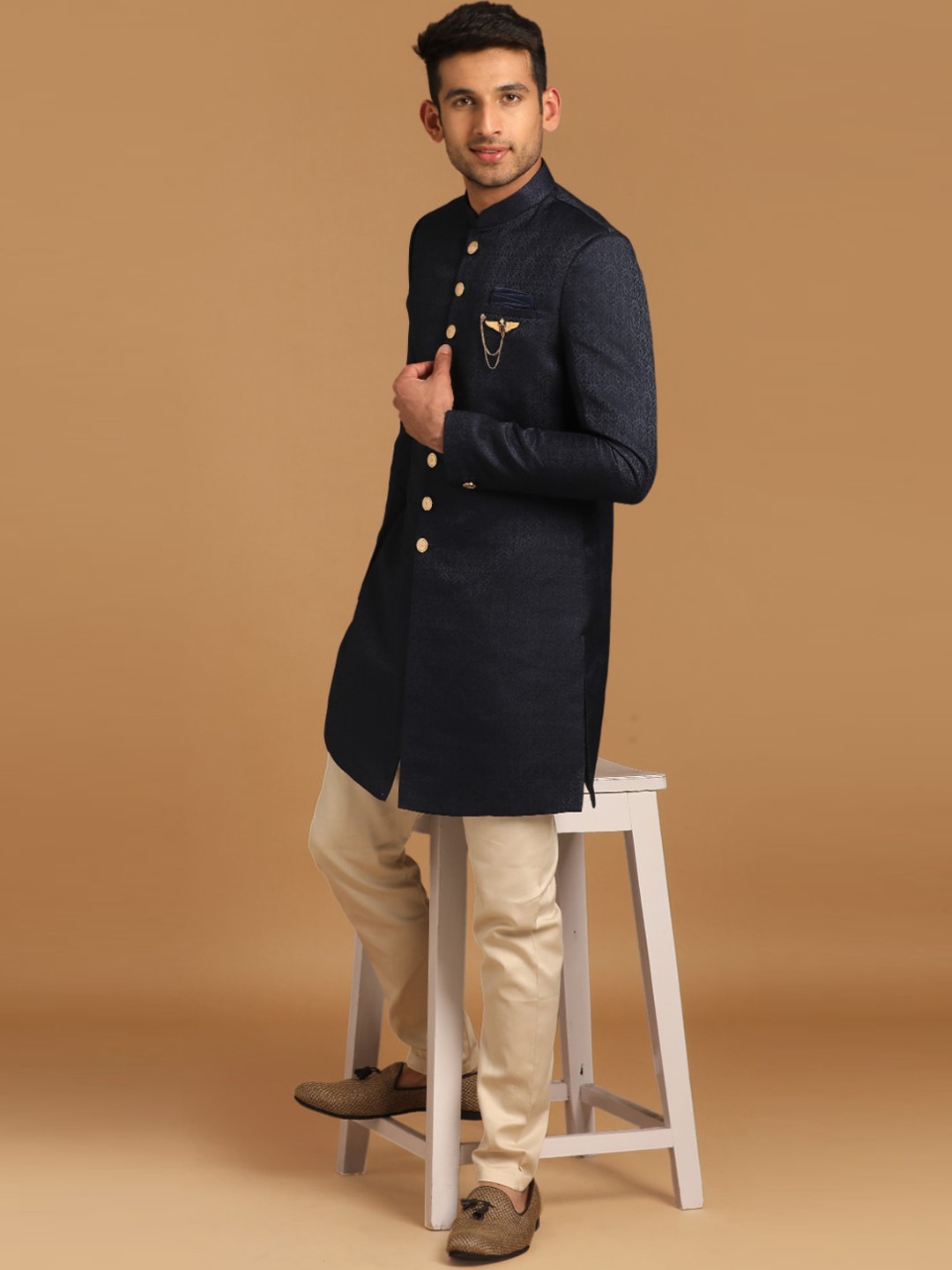 

Manyavar Self-Design Traditional Indo Western Sherwani Set, Blue