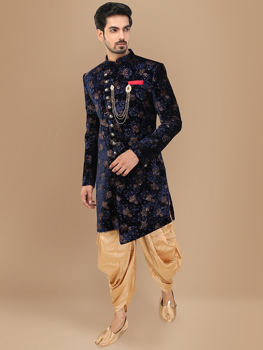 

Manyavar Self-Design Velvet Sherwani Set, Blue