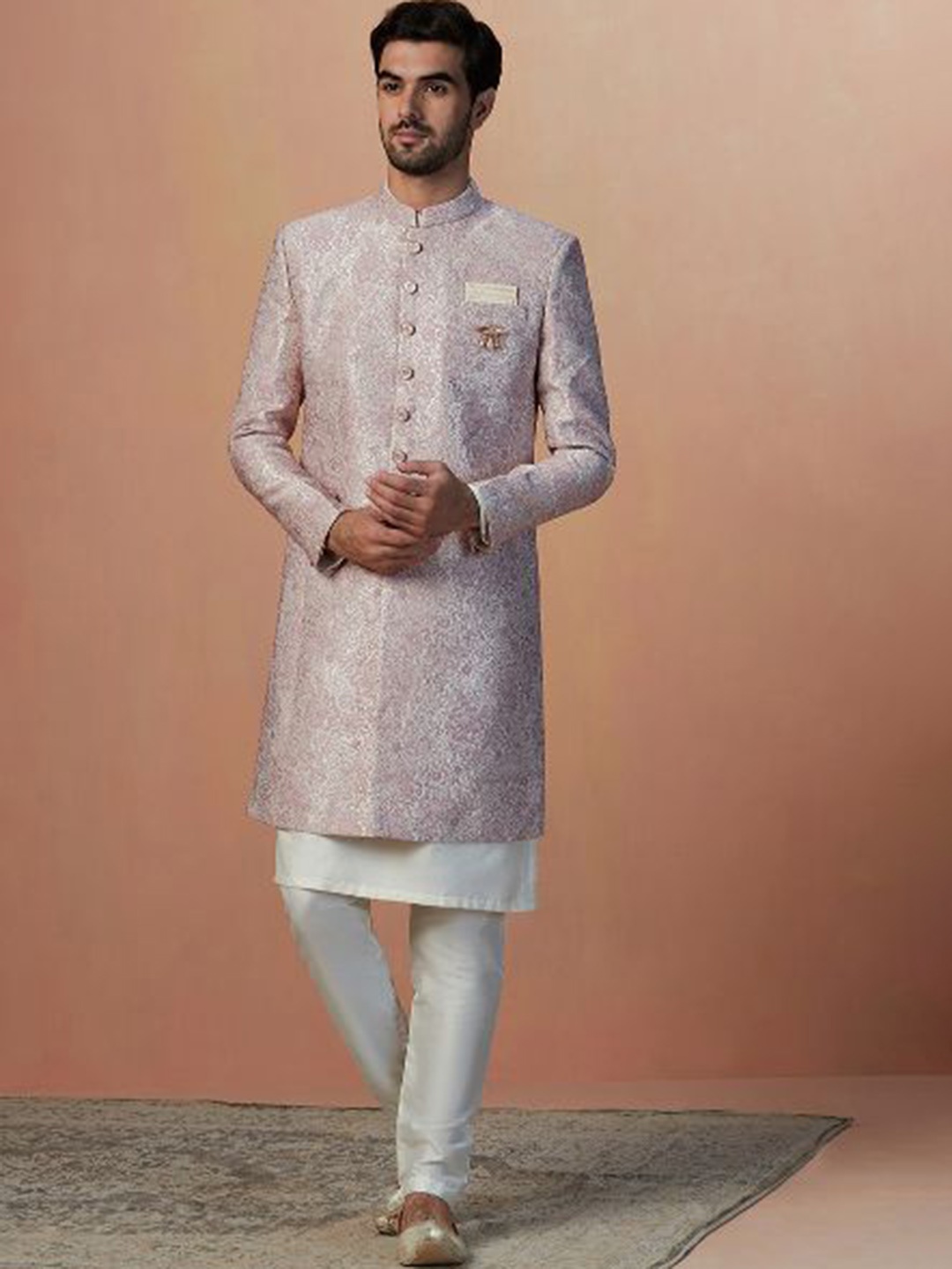 

Manyavar Woven Design Straight Brocade Traditional Indo Western Sherwani Set, Pink