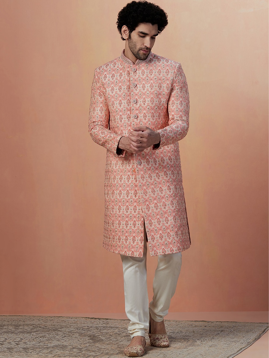 

Manyavar Self-Design Art Silk Traditional Sherwani Set, Pink