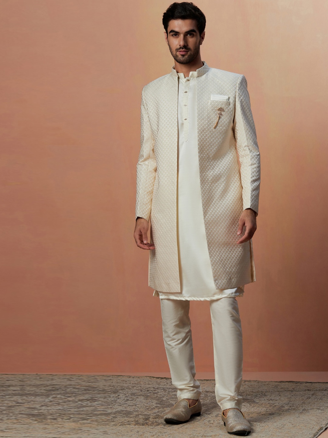 

Manyavar Woven Design Brocade Satin Traditional Indo Western Sherwani Set, Cream
