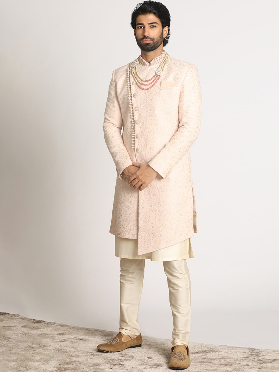 

Manyavar Men Self-Design Art Silk Traditional Indo Western Sherwani Set, Pink