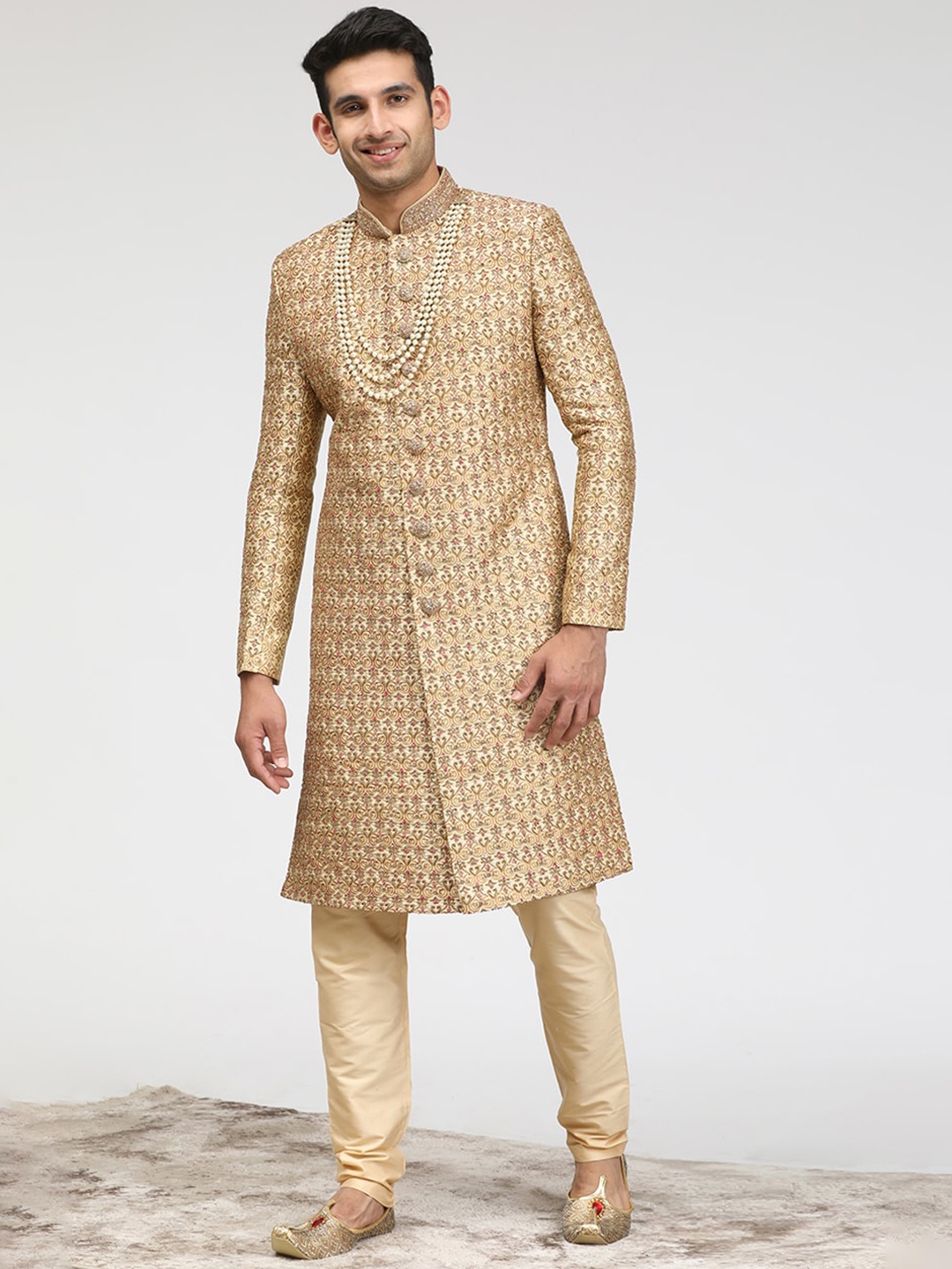 

Manyavar Self-Design Art Silk Traditional Sherwani Set, Beige