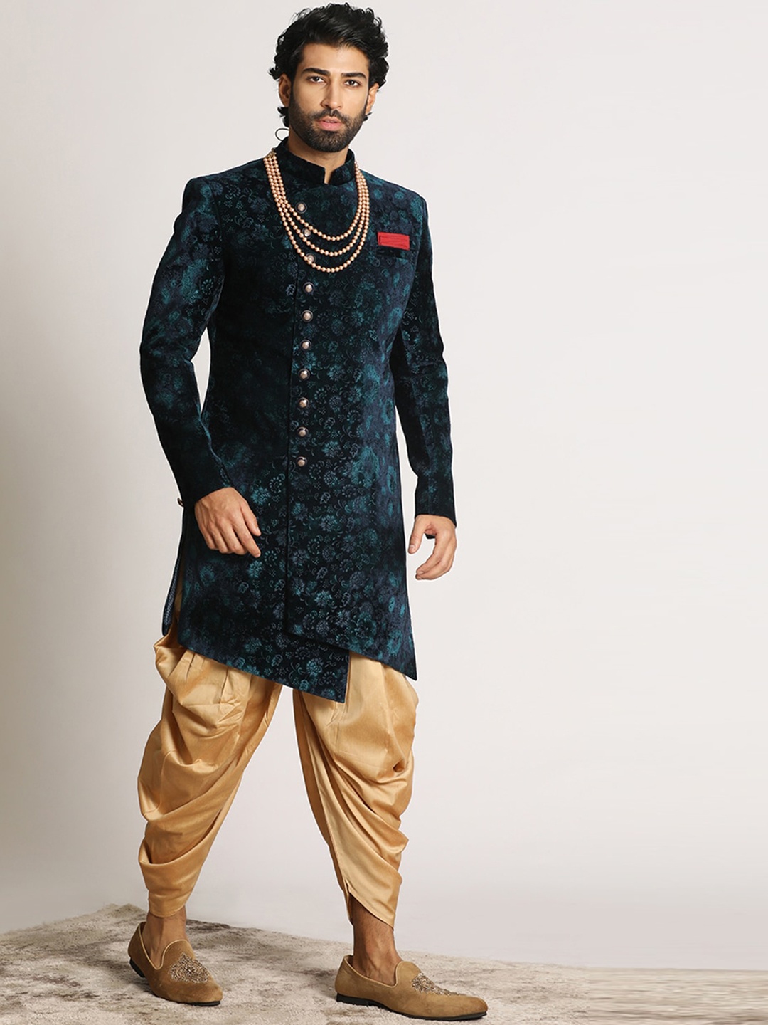 

Manyavar Self-Design Velvet Traditional Indo Western Sherwani Set, Blue
