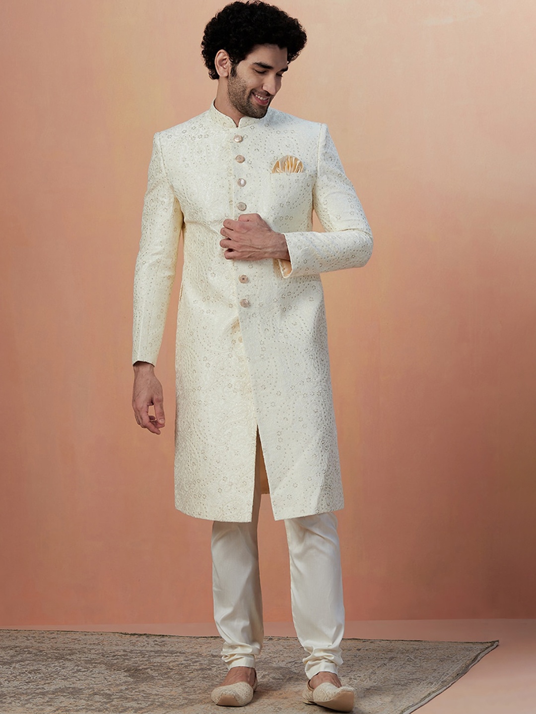 

Manyavar Men Self-Design Art Silk Traditional Sherwani, Cream