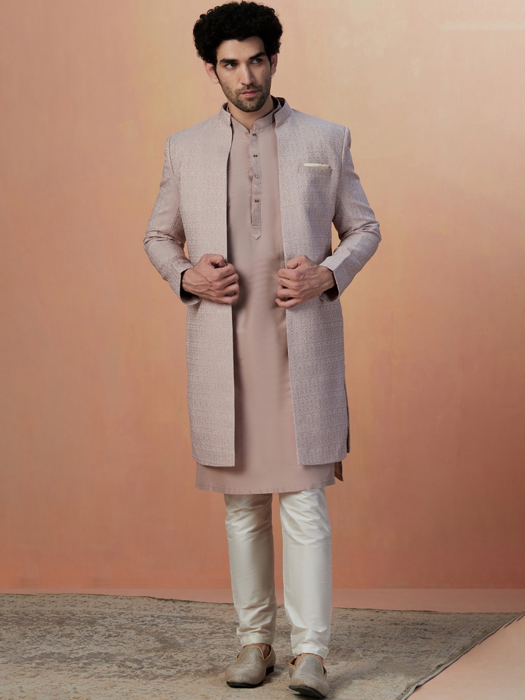 

Manyavar Self-Design Brocade Traditional Indo Western Sherwani Set, Pink