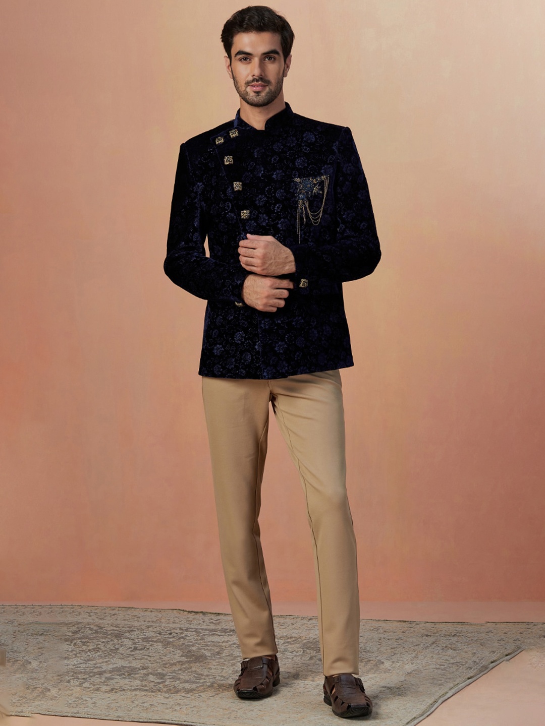 

Manyavar Self-Design Velvet Traditional Indo Western Sherwani Set, Blue