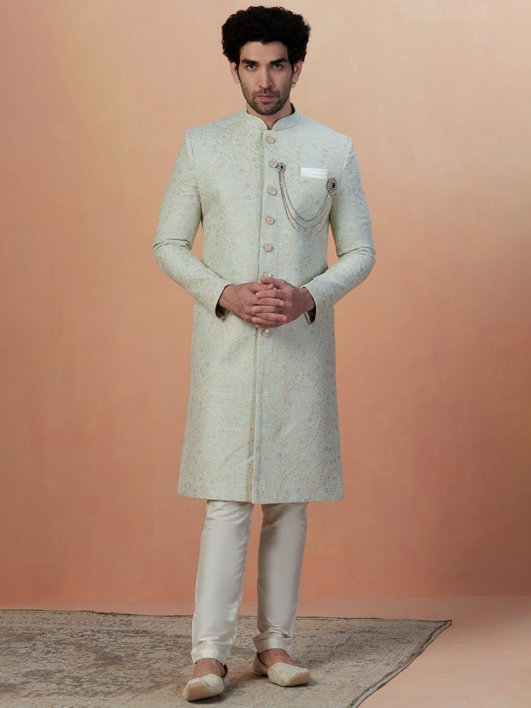 

Manyavar Men Traditional Paisley Embroidered Art Silk Sherwani Set, Green