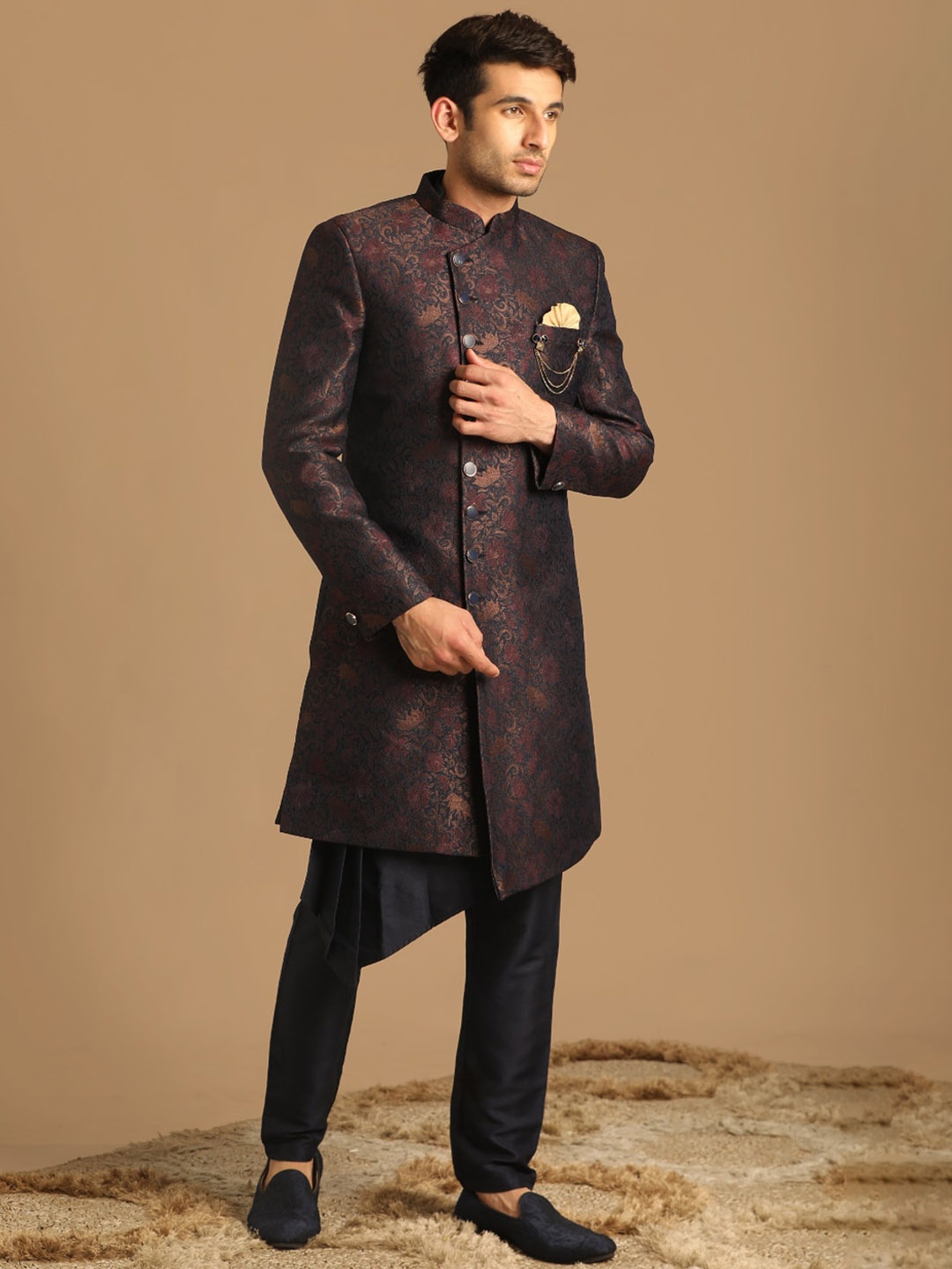 

Manyavar Self-Design Brocade Traditional Indo Western Sherwani Set, Blue