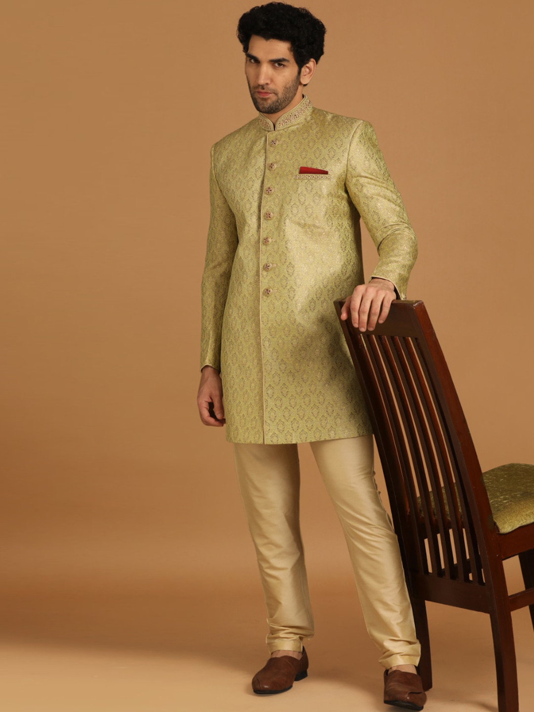 

Manyavar Men Self-Design Brocade Traditional Indo Western Sherwani, Green