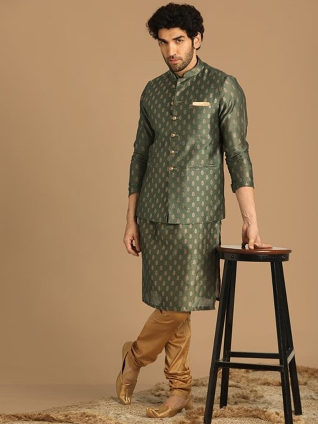 

Manyavar Ethnic Motifs Woven Design Kurta with Churidar & Nehru Jacket, Olive