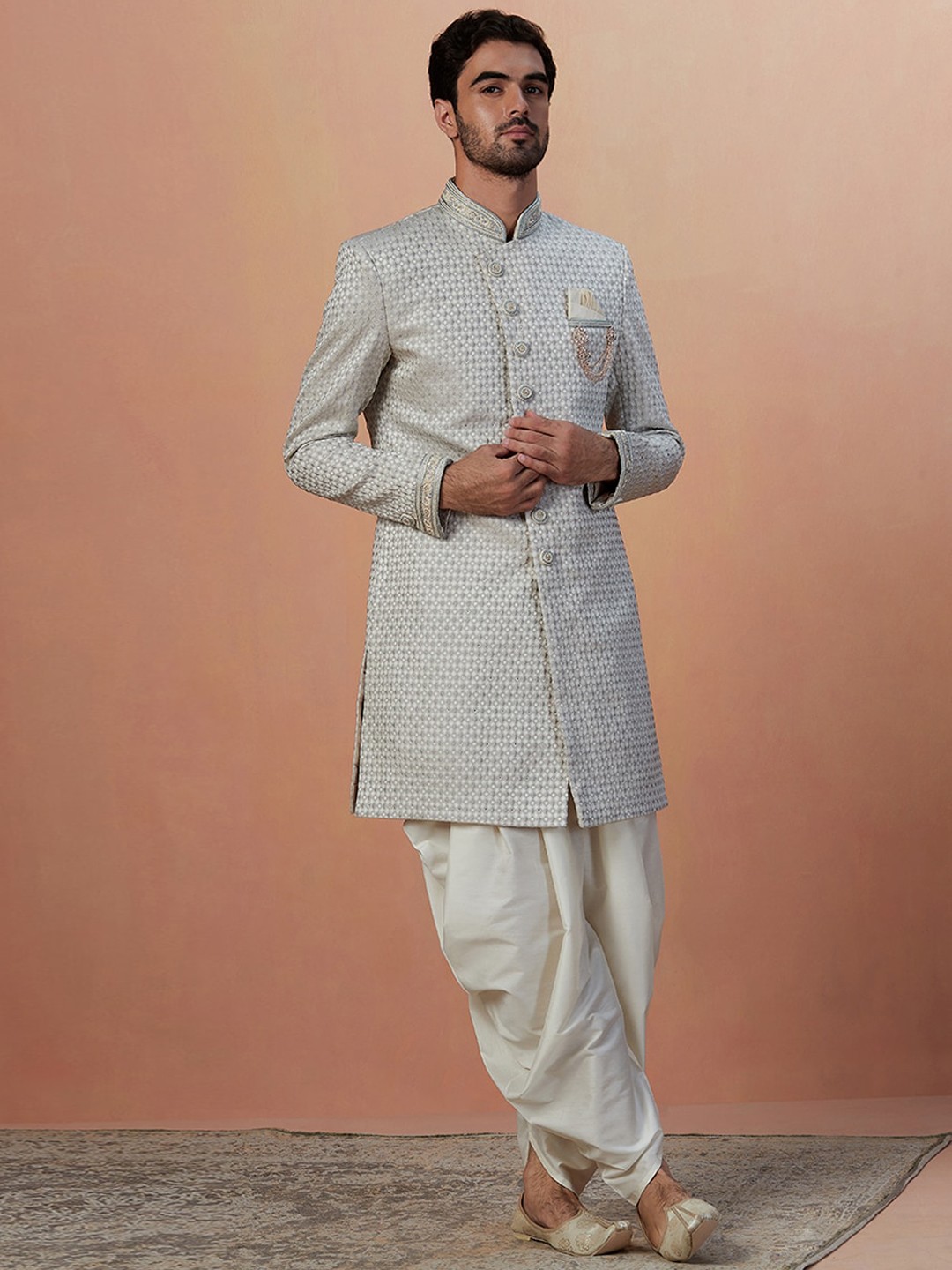 

Manyavar Self-Design Art Silk Traditional Indo Western Sherwani Set, Grey