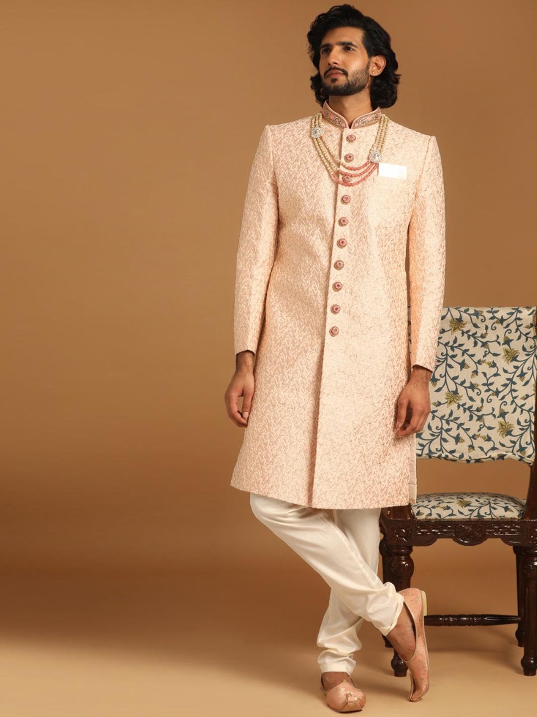 

Manyavar Self-Design Art Silk Traditional Sherwani Set, Pink