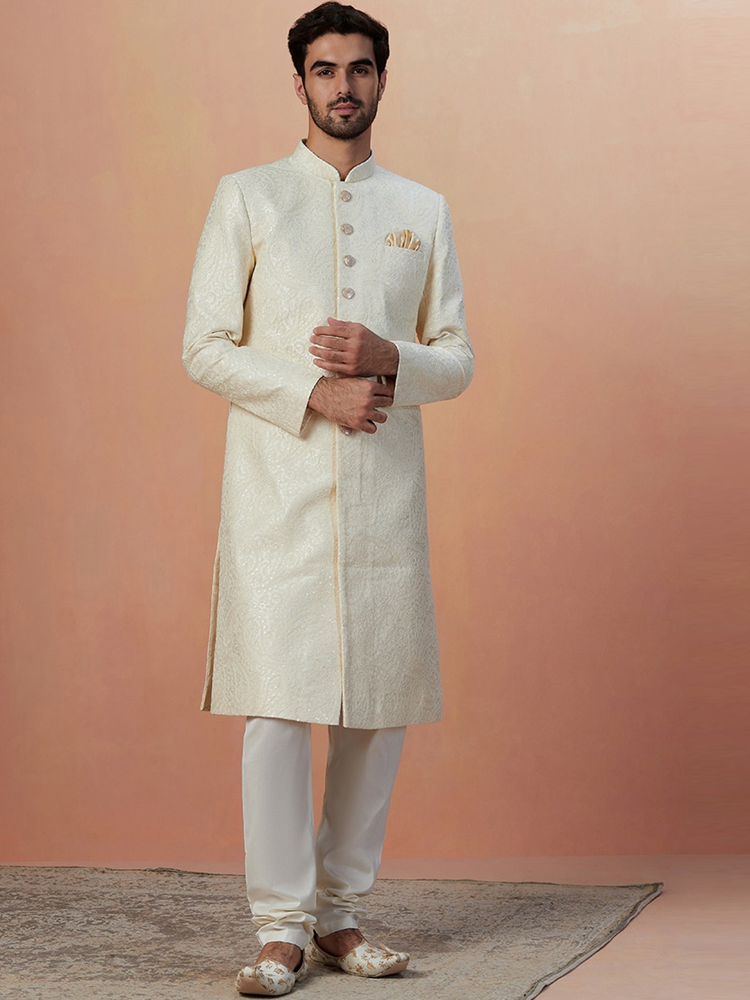 

Manyavar Self-Design Art Silk Traditional Sherwani Set, Off white