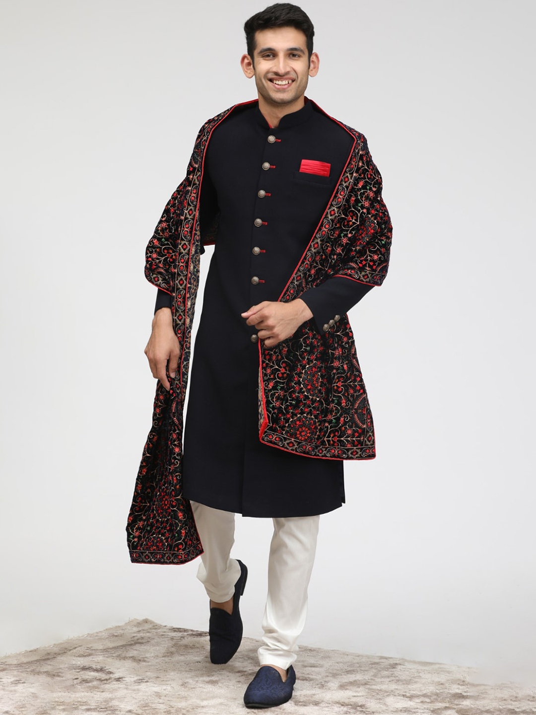 

Manyavar Traditional Sherwani Set With Self Design Dupatta, Black