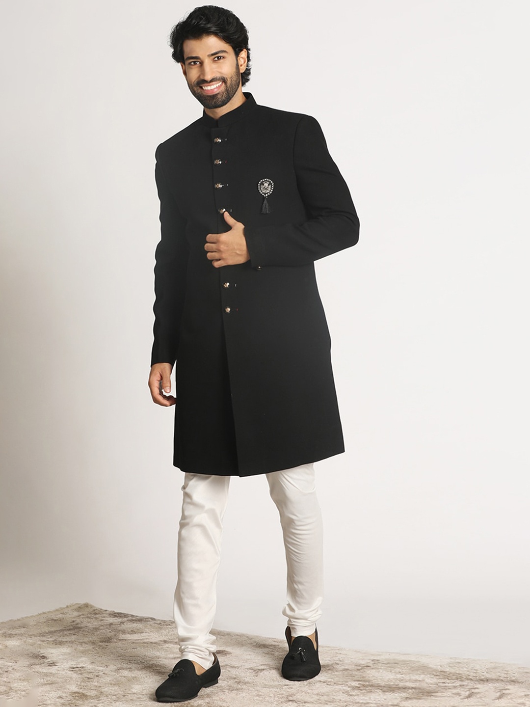 

Manyavar Embroidered Traditional Indo Western Sherwani Set, Black