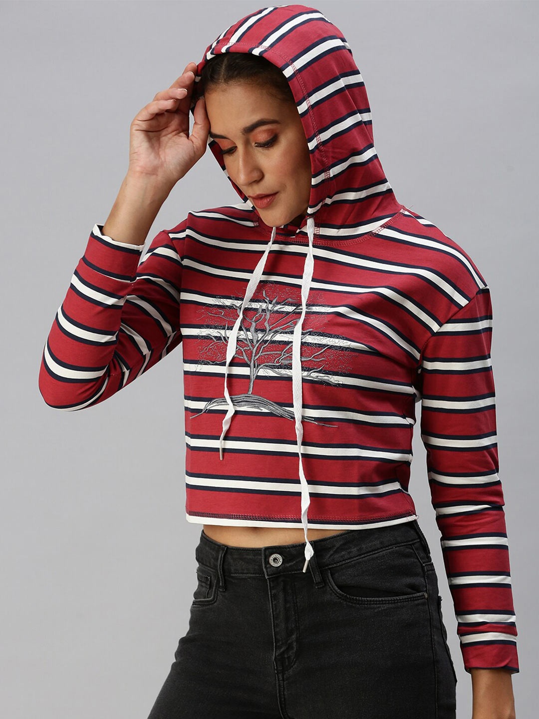 

SHOWOFF Striped Hooded Cotton Crop Sweatshirt, Maroon