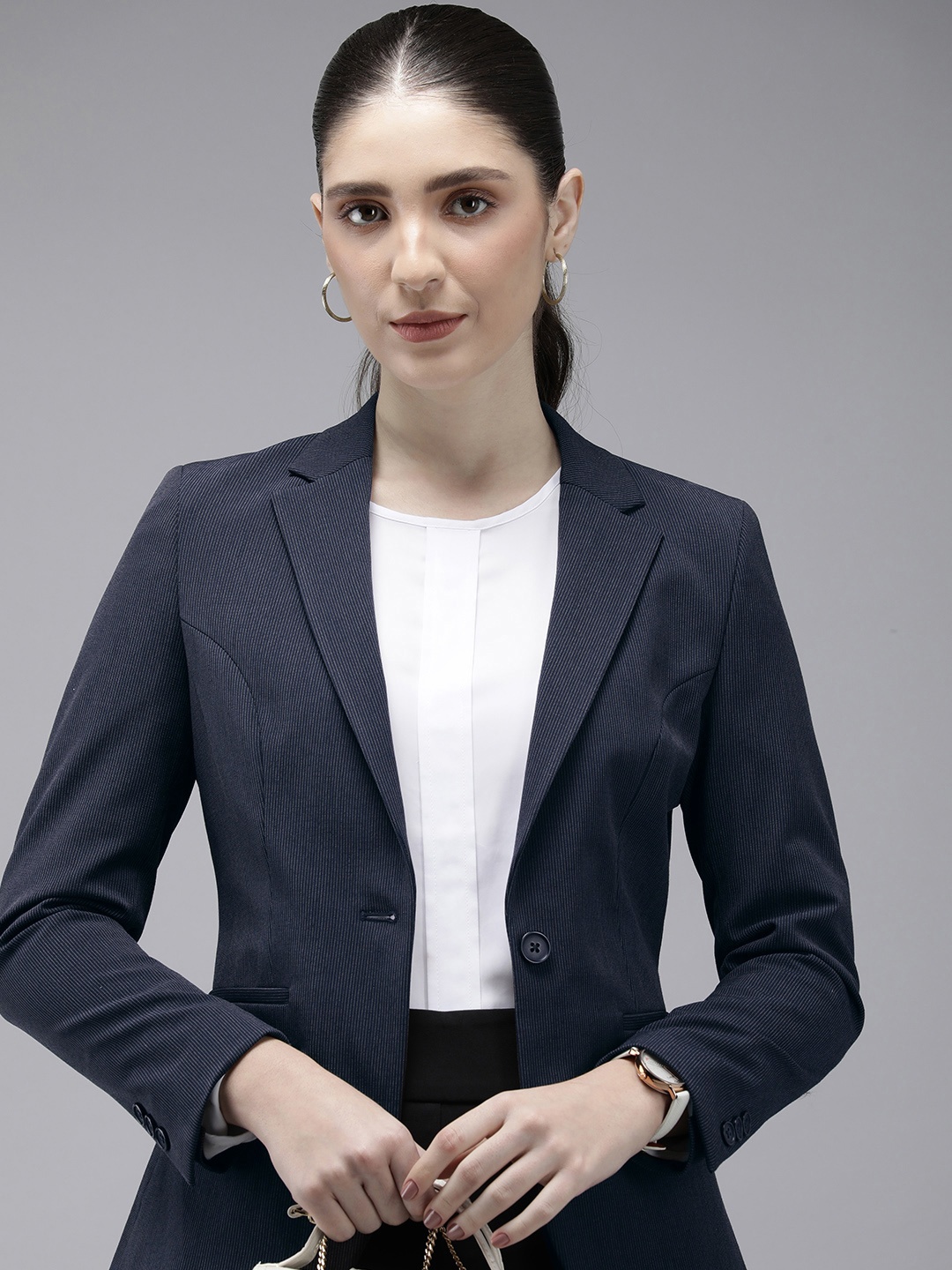 

Van Heusen Woman Striped Single Breasted Formal Blazer, Navy blue