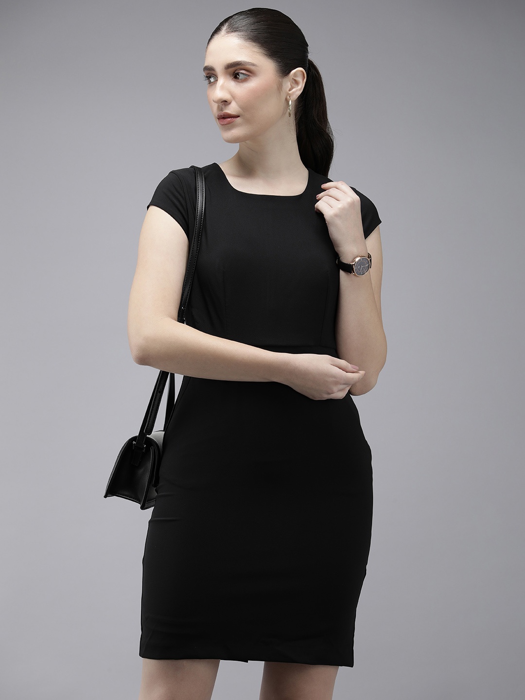 

Van Heusen Woman Solid Cap Sleeves Sheath Dress, Black