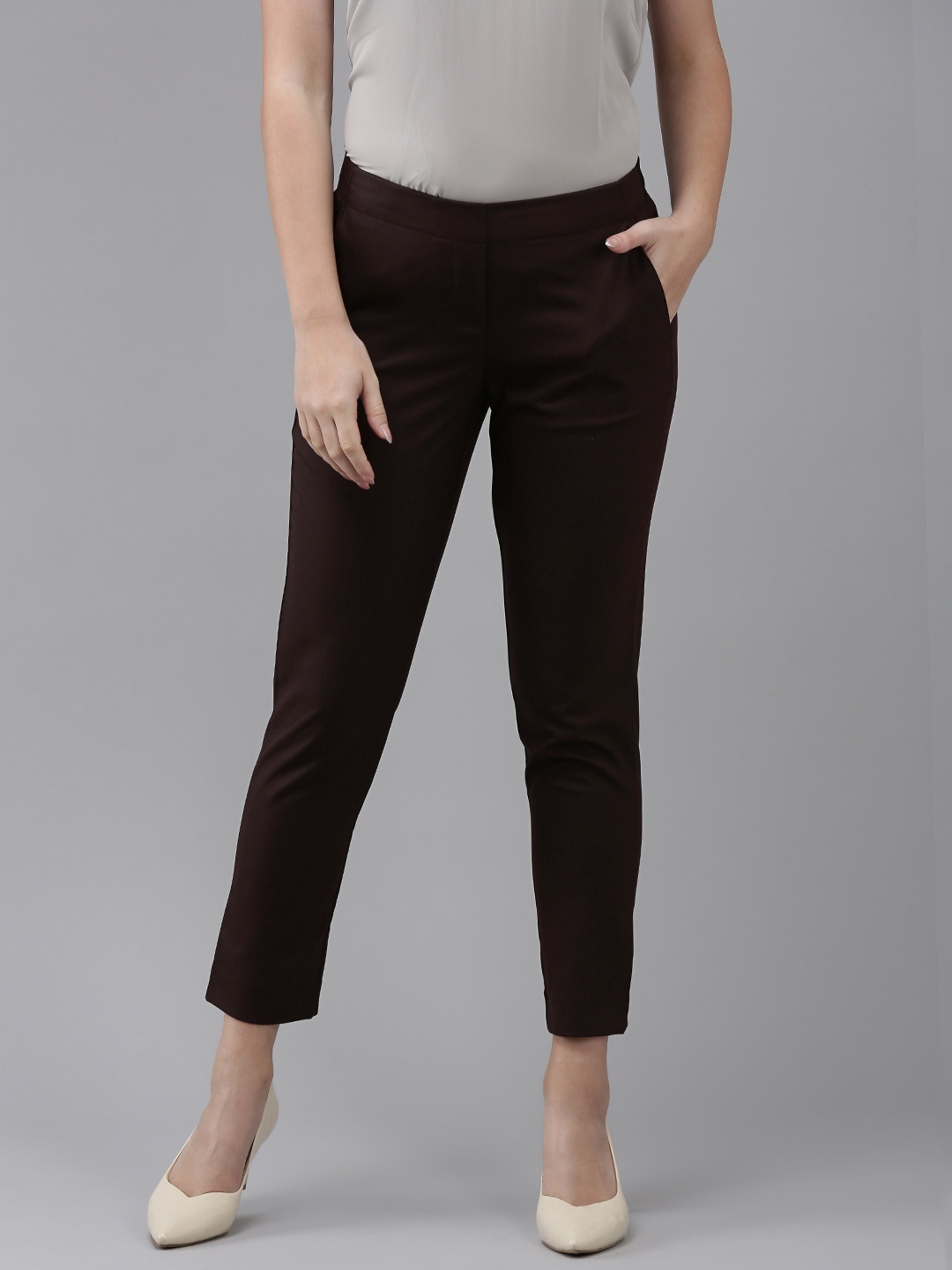 

Van Heusen Woman Flat Front Mid Rise Regular Trousers, Coffee brown