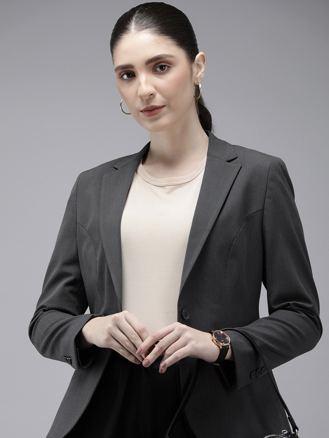

Van Heusen Woman Striped Single Breasted Formal Blazer, Grey