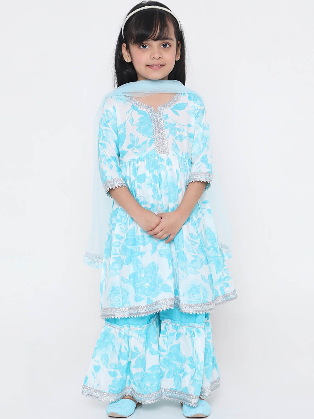 

KID1 Girls Floral Printed Gotta Patti Anarkali Pure Cotton Kurta with Sharara & Dupatta, Blue