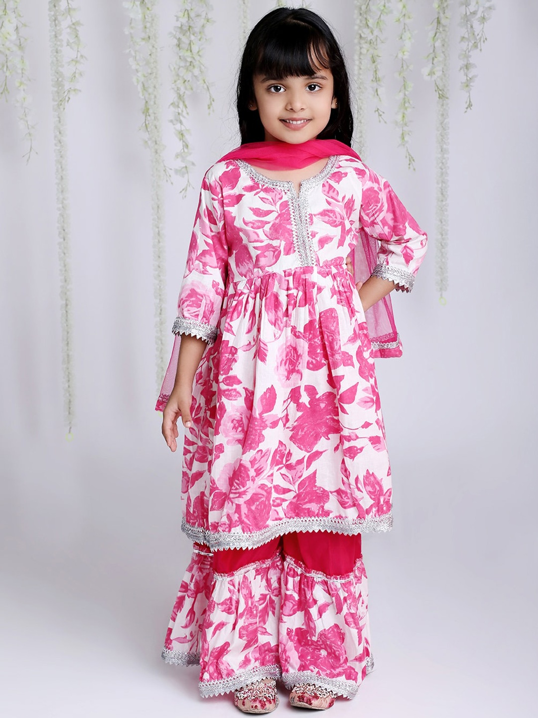 

KID1 Girls Floral Printed Gotta Patti Anarkali Pure Cotton Kurta with Sharara & Dupatta, Pink