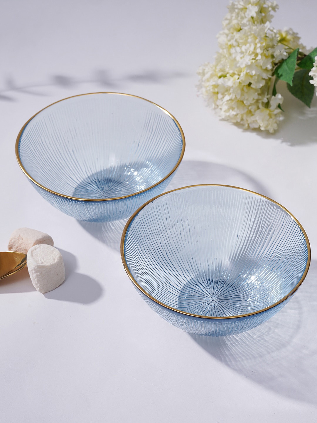 

Pure Home and Living Blue 2 Pieces Radial Textured Gold-Rim Glass Serving Bowls