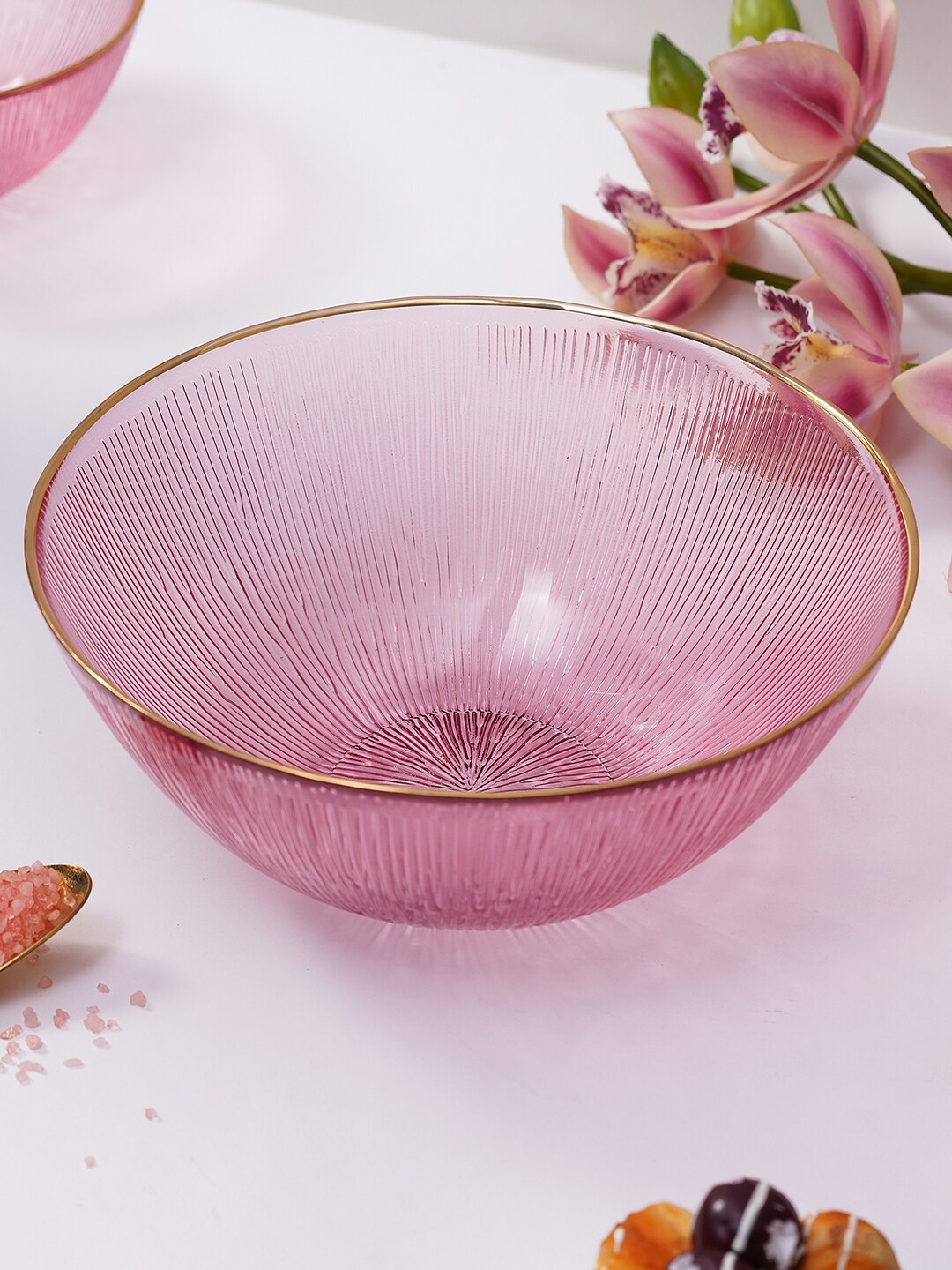 

Pure Home and Living Pink Radial Textured Gold-Rim Glass Serving Bowl