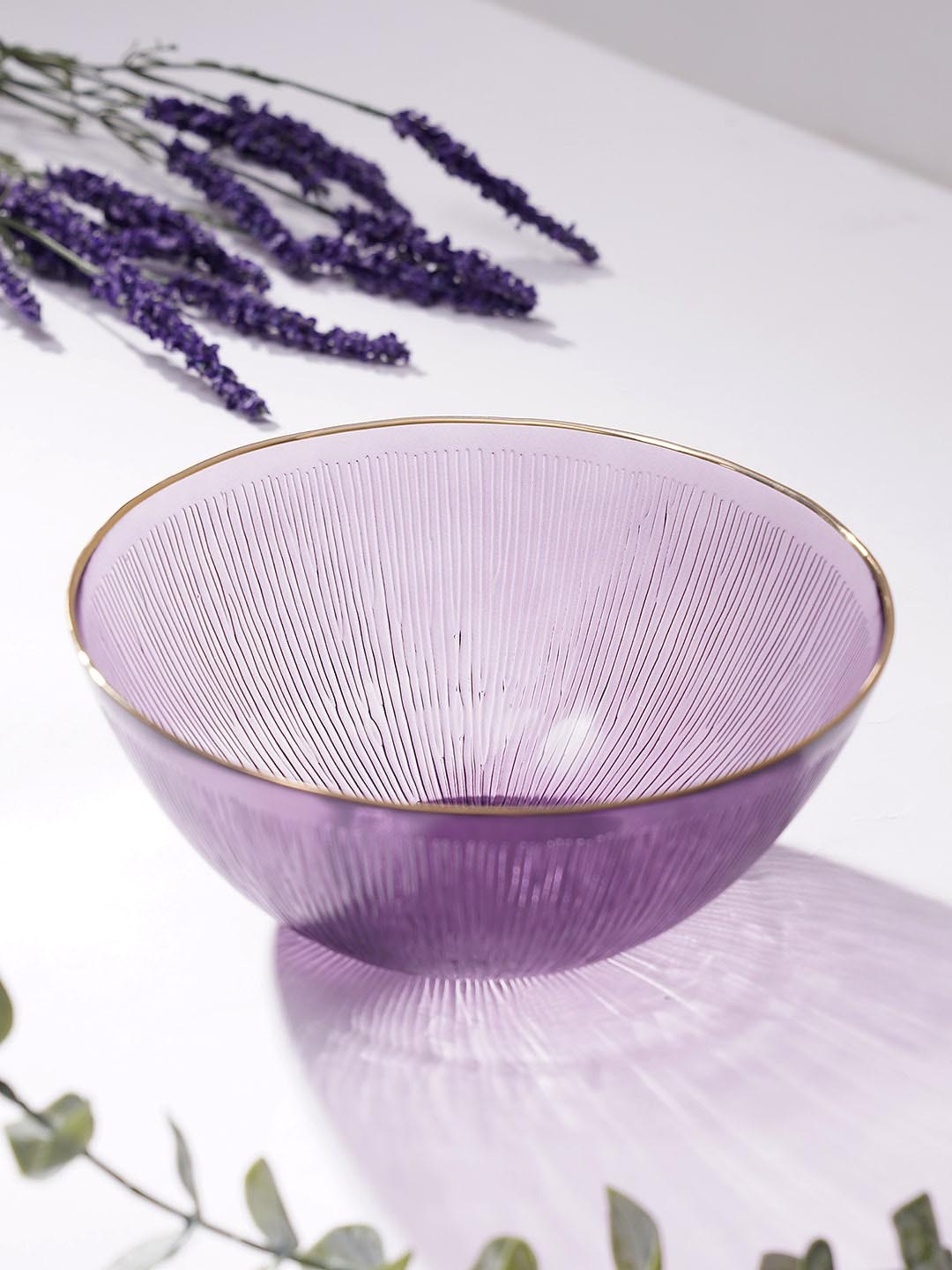 

Pure Home and Living Purple Radial Textured Gold-Rim Glass Serving Bowl